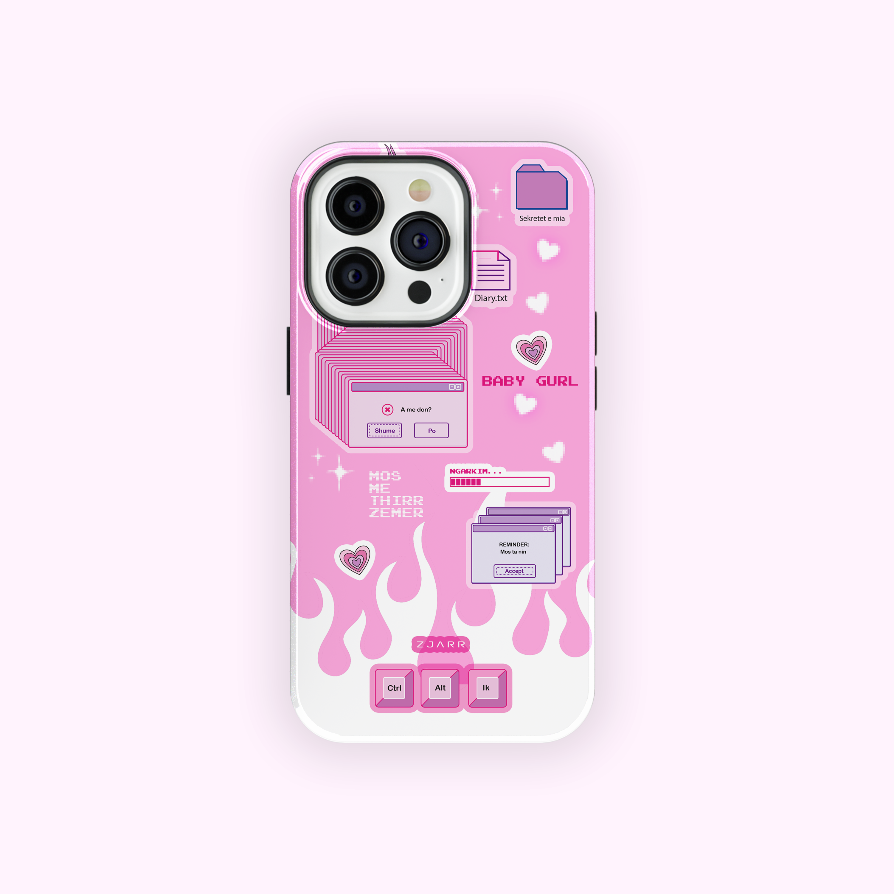 Y2K - Retro Albanian Tough iPhone Case, cute pink phone case, SHQIPE phone cover , retro computer style, pink flames 

